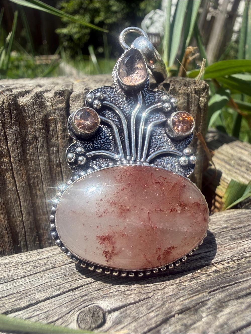 925 Strawberry Quartz Pendant - Lab Morganite Ornate Sterling Plated